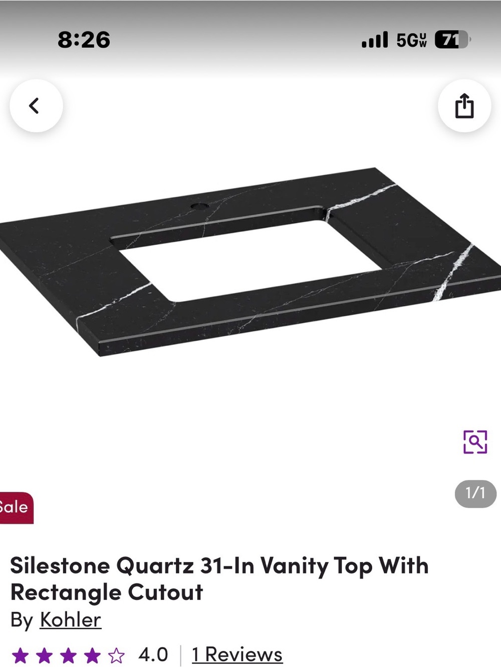 Kohler Black Quartz Vanity Top with White Veining - Rectangle Cutout